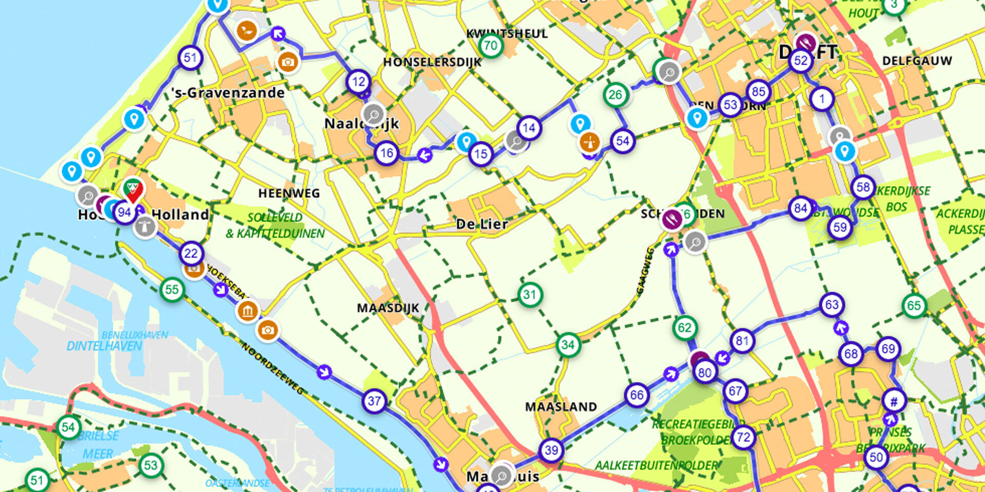 afbeelding van een routekaart met een fietsroute in de regio van het Westland