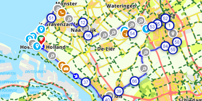 digitale kaart van een fietsroute door het Westland met fietsknooppunten