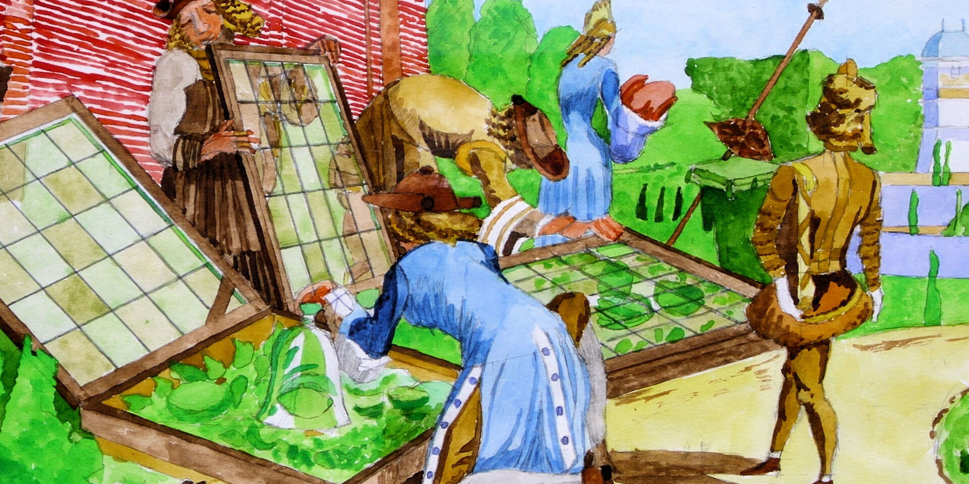 Schilderij uit de gouden eeuw met tuinmannen die groenten planten in glazen kassen