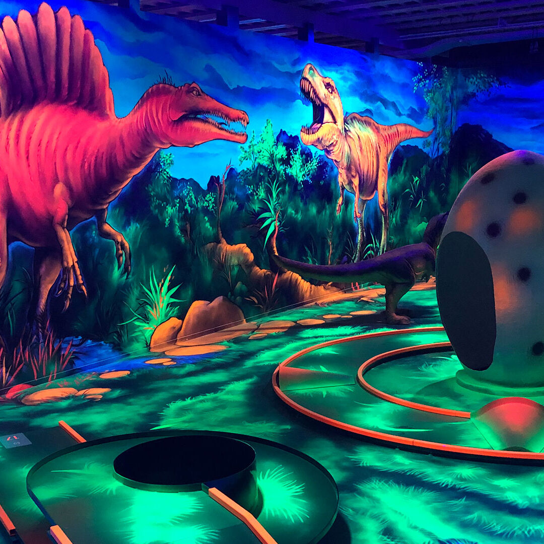 lichtgevende afbeeldingen van prehistorische dinosauriers op de glow in the dark minigolf van van der Ende Racing Inn in het Westland