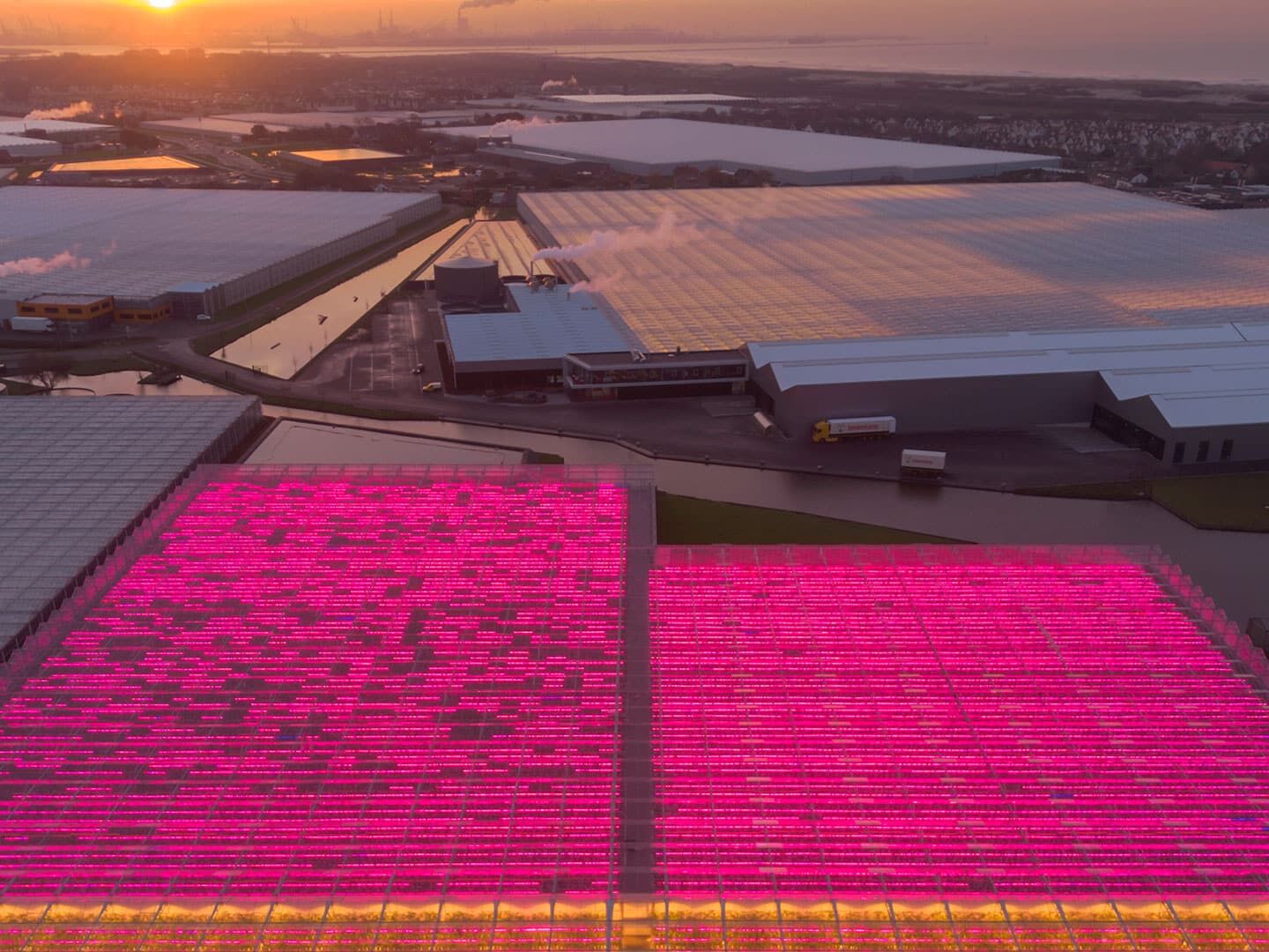 luchtfoto van glazen kassen verlicht met roze en oranje led verlichting in het Westland