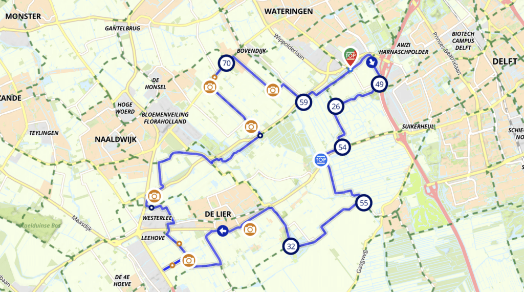 kaart met route 1 van de Kassen Route Westland